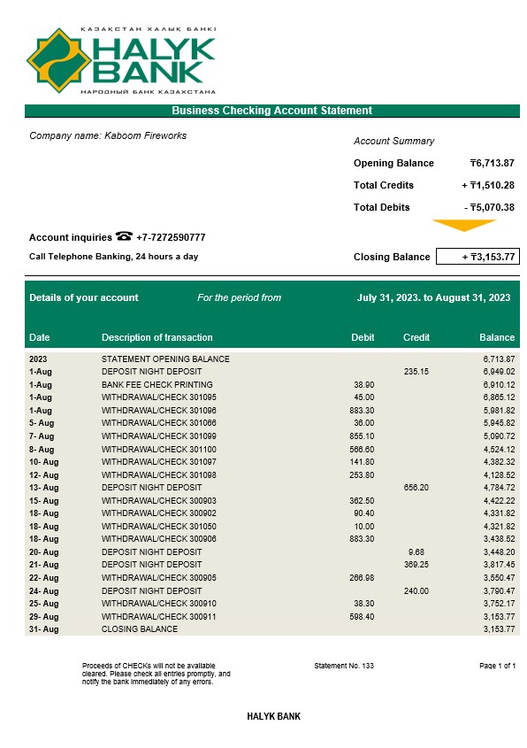 Modèle Word et PDF de relevé de compte de l'organisation Halyk Bank